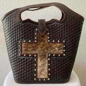 Brown braided leather & cow hide purse